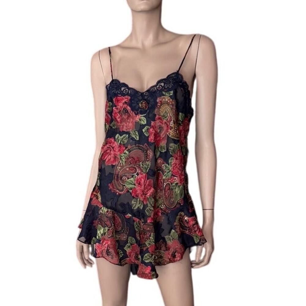 Vintage Victoria's Secret Gold Label Navy Blue Red Floral Paisley Slip Nightgown - Picture 8 of 9
